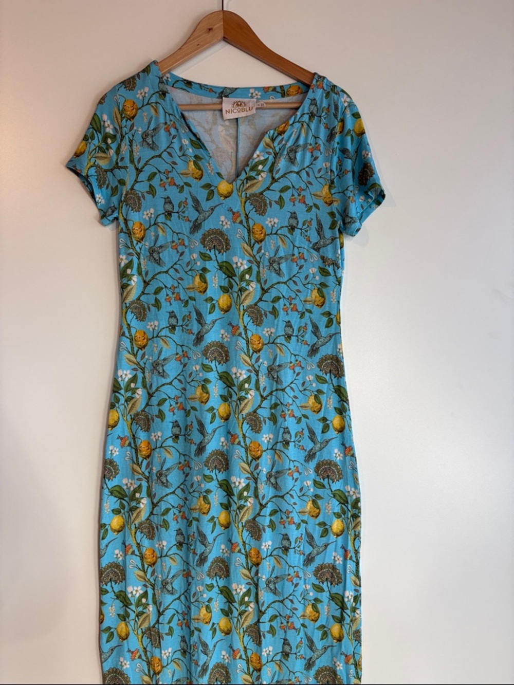 NicoBlu Flora Long Stretch Dress In Turquoise Hummingbird Print Medium - Picture 10 of 10